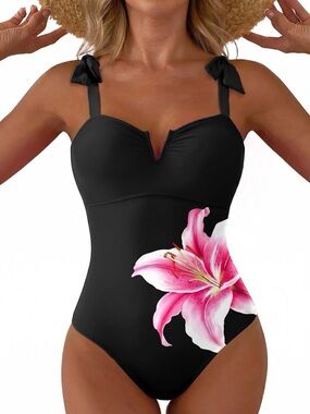 Aleumdr Women's One Piece Swimsuit Tummy Control V Neck Swimwear Boho Tie Should